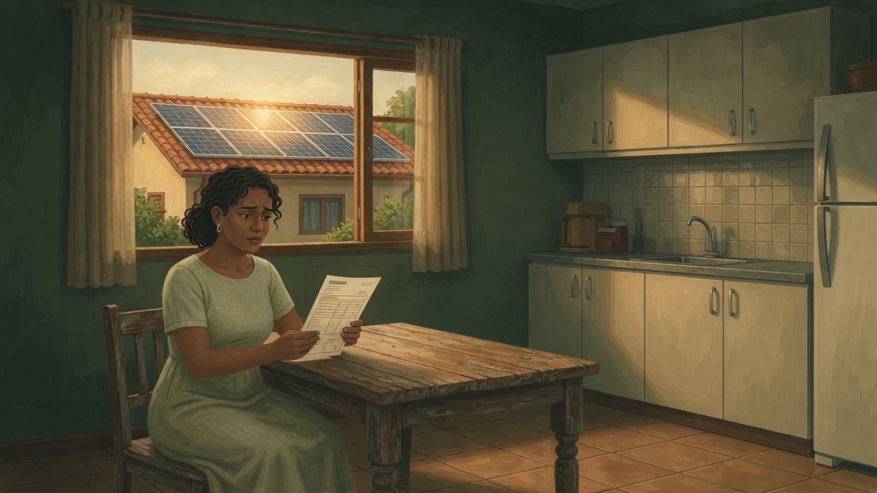 Mulher sentada na cozinha, à tarde, lê a conta de luz. Pela janela, o telhado do vizinho está cheio de placas solares.